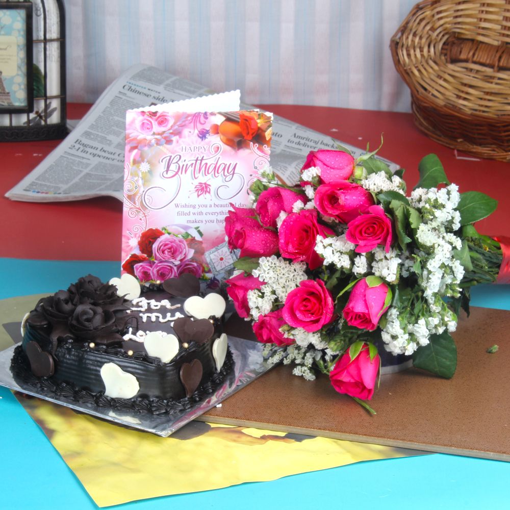 Birthday Cake Hamper of Pink Roses and Greeting Card
