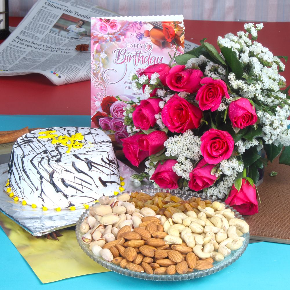 Healthy Dryfruit Birthday Treat with Vanilla Cake and Roses