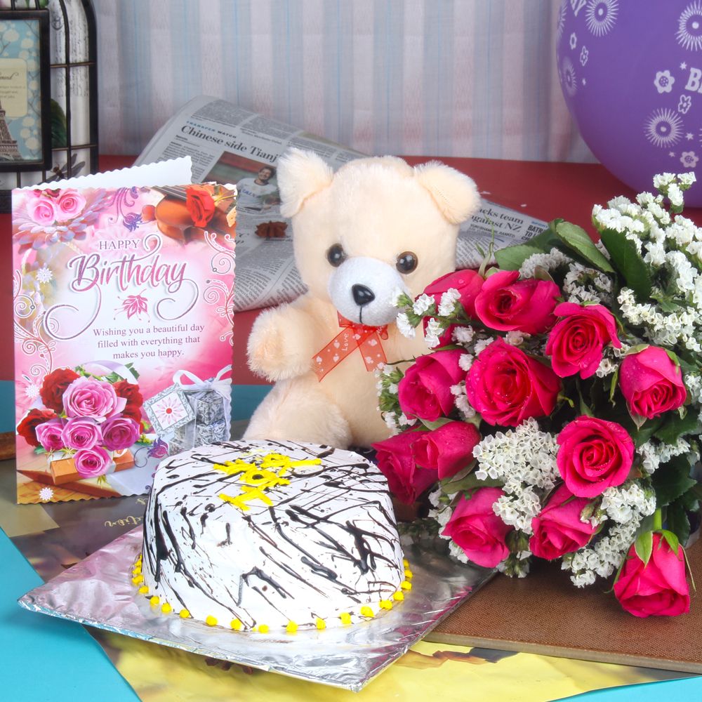Dozen Pink Roses Birthday Bouquet with Cake and Teddy Bear
