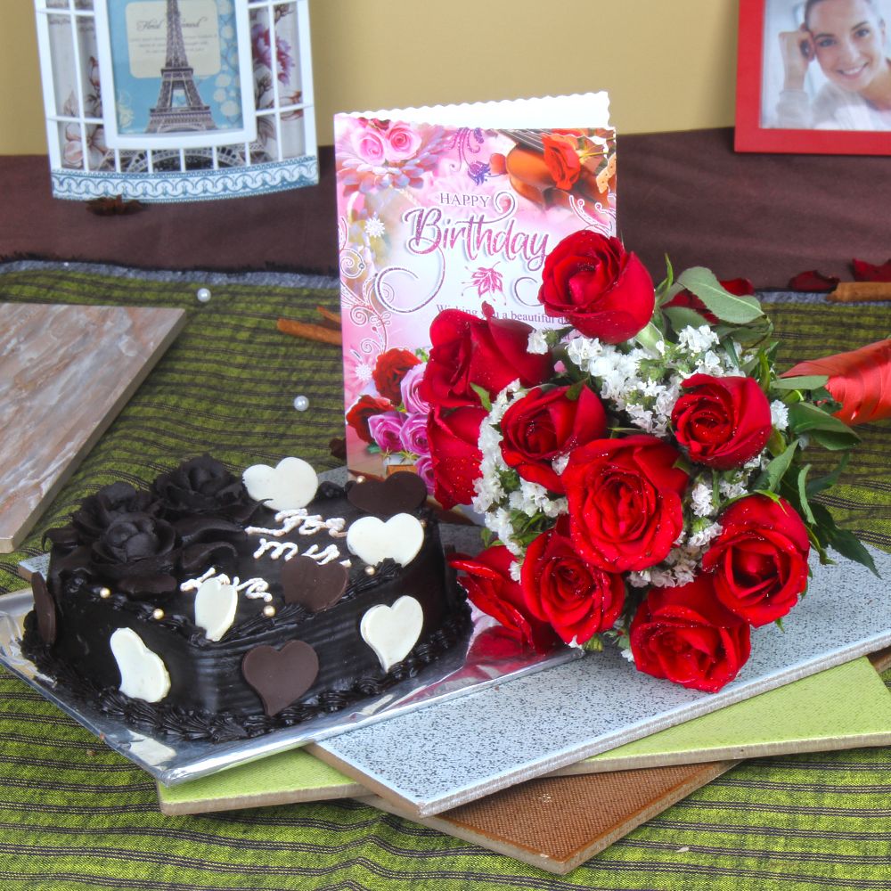 Ten Roses with Chocolate Cake and Birthday Card