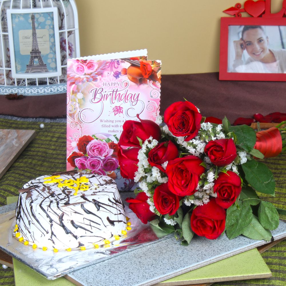 Red Roses with Cake and Birthday Greeting Card