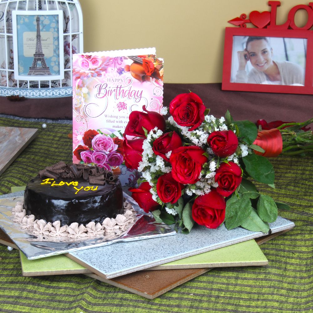 Eggless Birthday Cake with Card and Roses