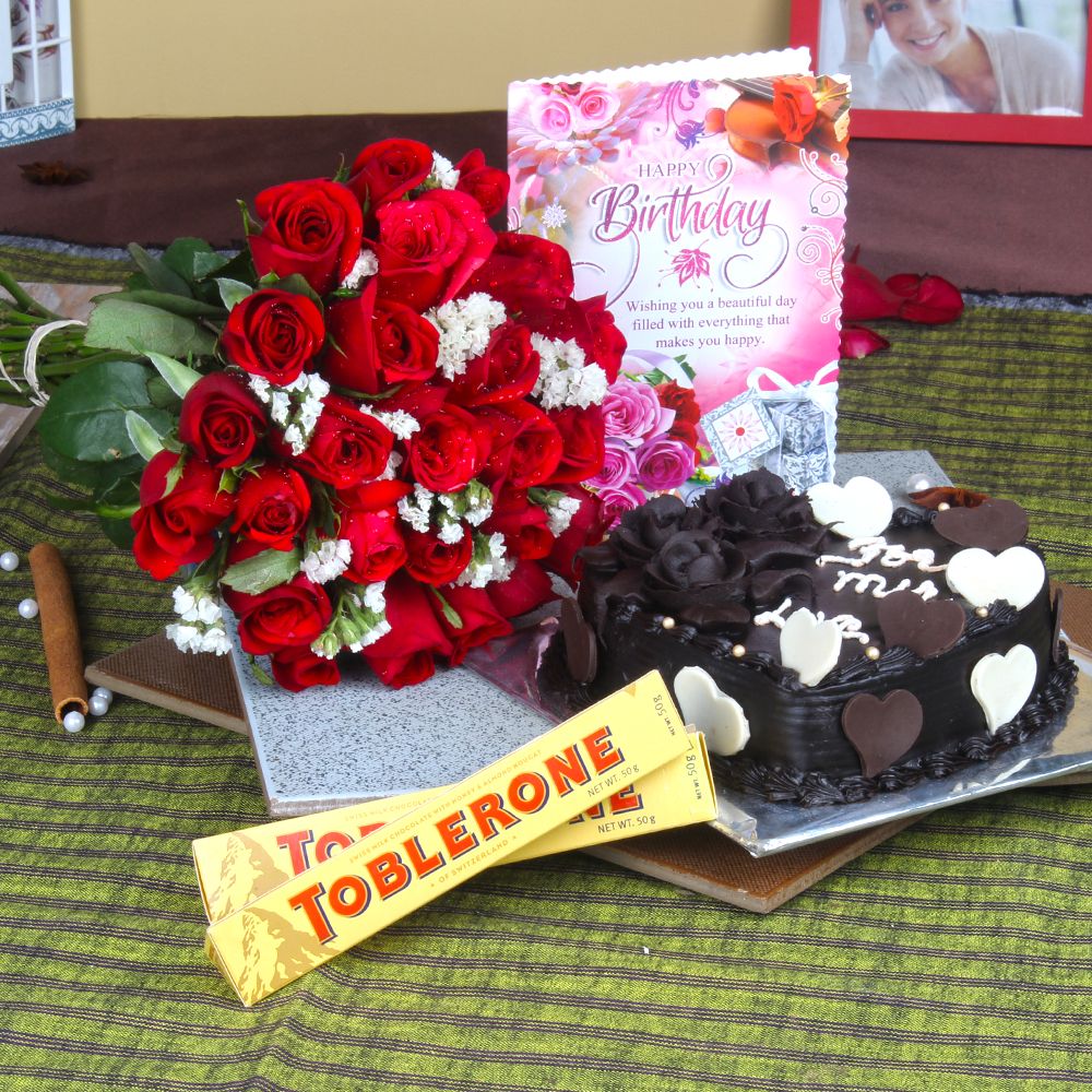 Roses and Cake with Toblerone Chocolates for Birthday Wishes