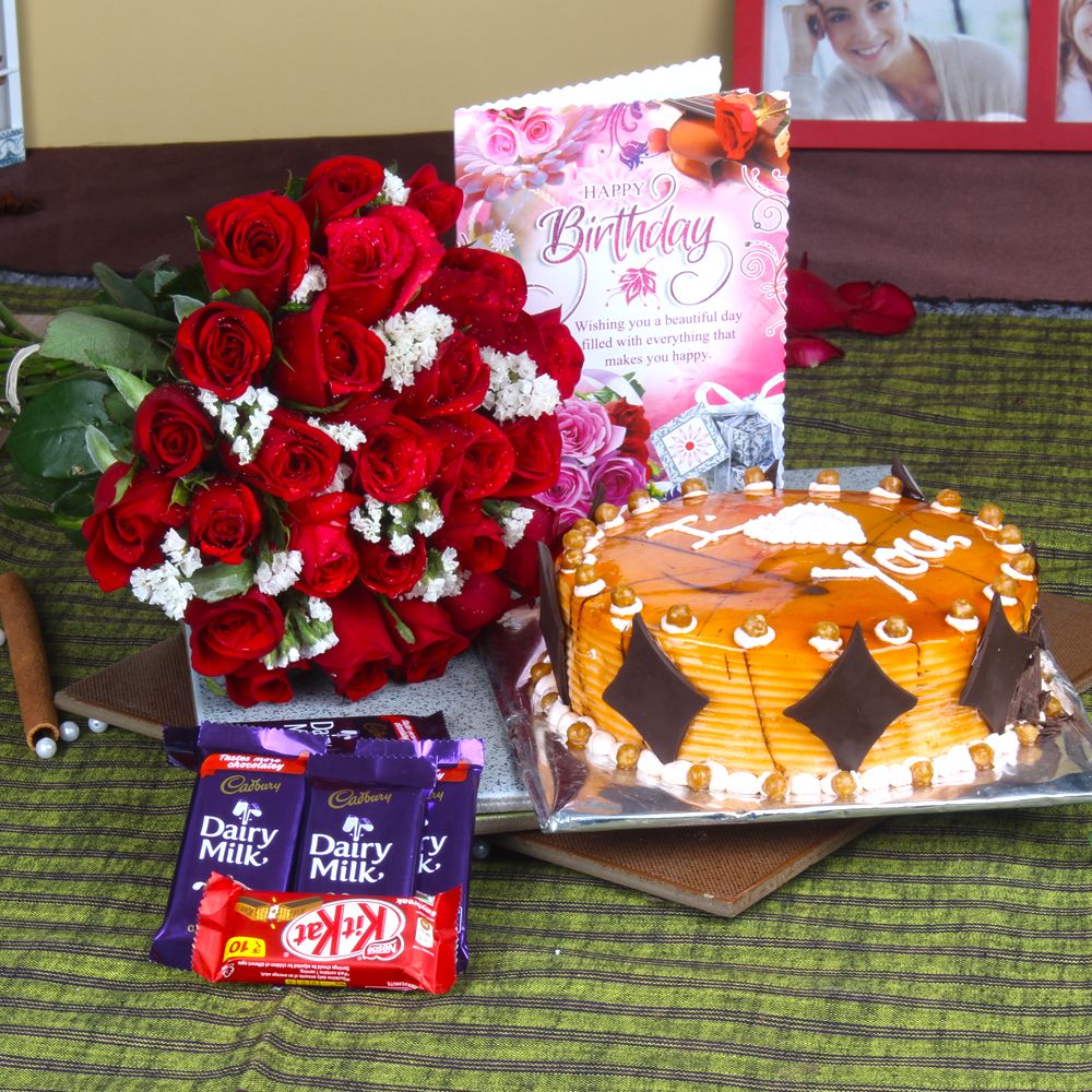 Roses with Eggless Birthday Butterscotch Cake and Assorted Chocolates