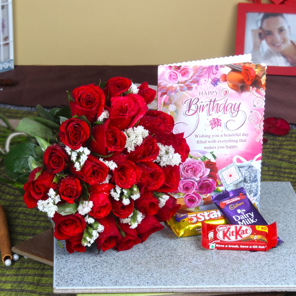 Roses Bunch with Assorted Chocolates and Birthday Card