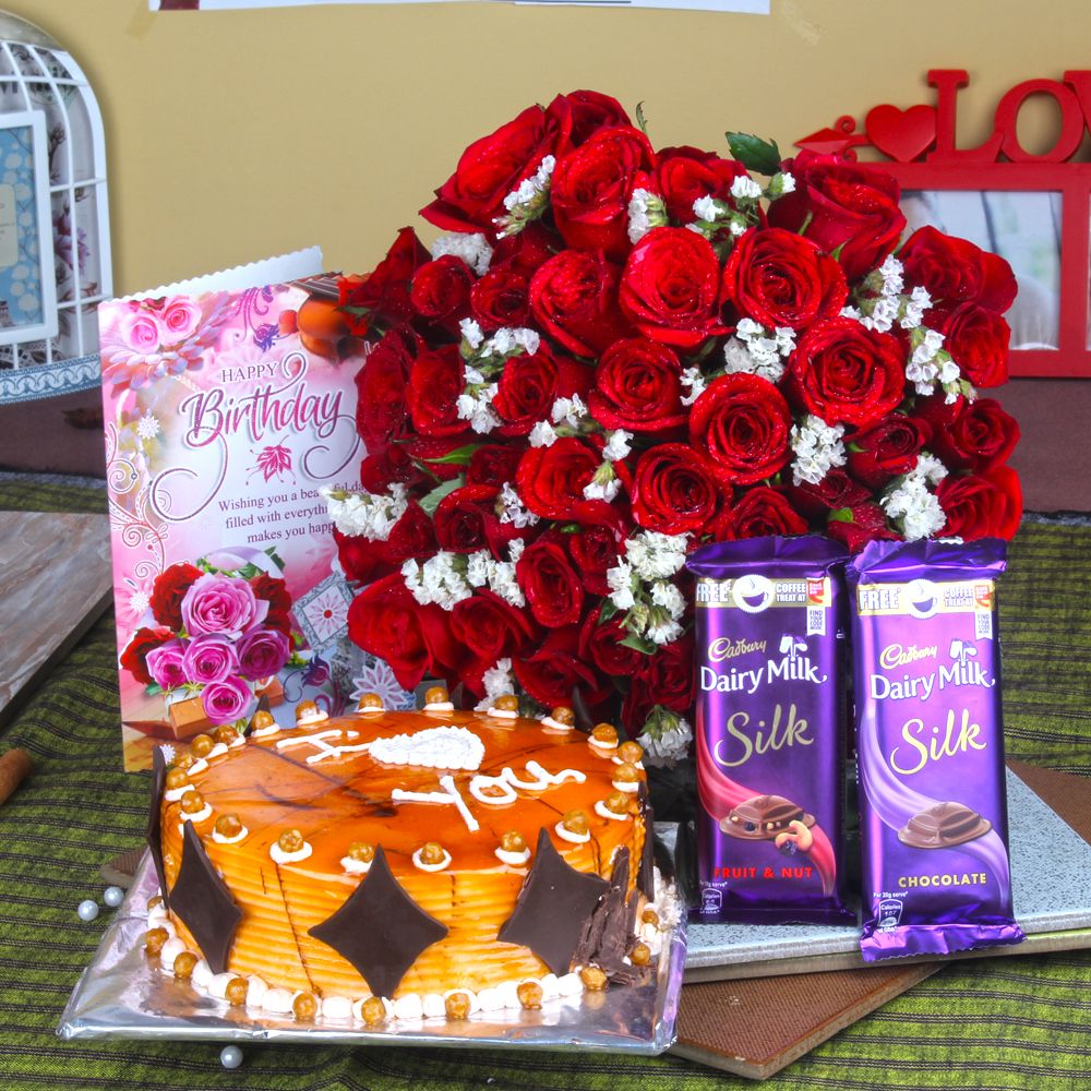Birthday Bouquet of Red Roses with Eggless Cake Hamper