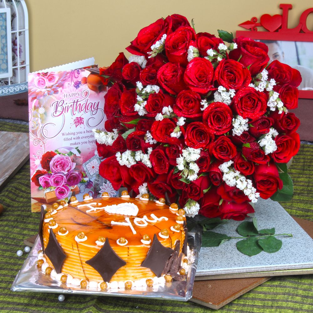 Red Roses and Butterscotch Cake with Birthday Greeting Card @ Best ...