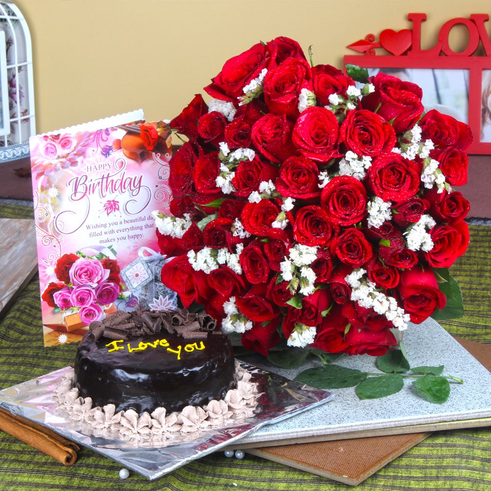 Red Roses and Eggless Cake with Birthday Card For Friend