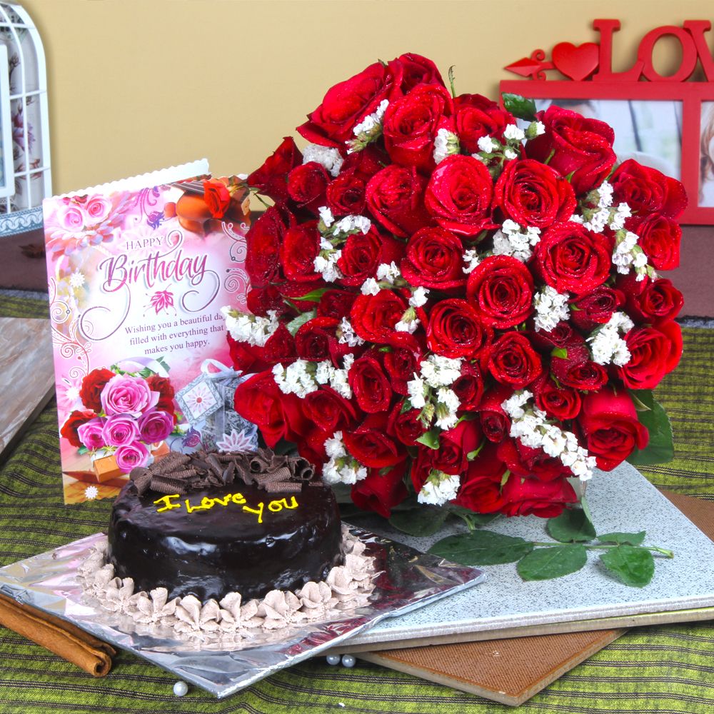 Red Roses And Eggless Cake With Birthday Card For Friend Best