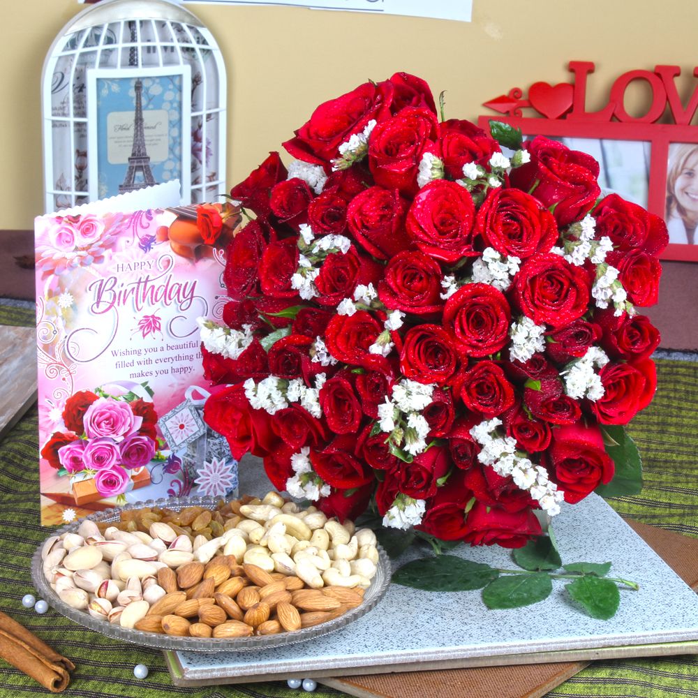 Red Roses with Assorted Dryfruit and Birthday Greeting Card for Mom