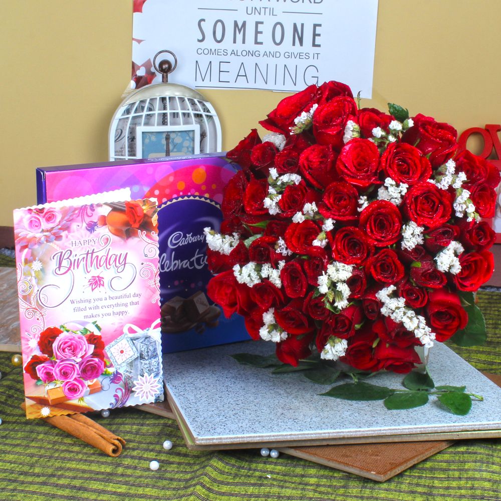 Red Roses with Celebration Chocolate Pack and Birthday Greeting Card For Sister