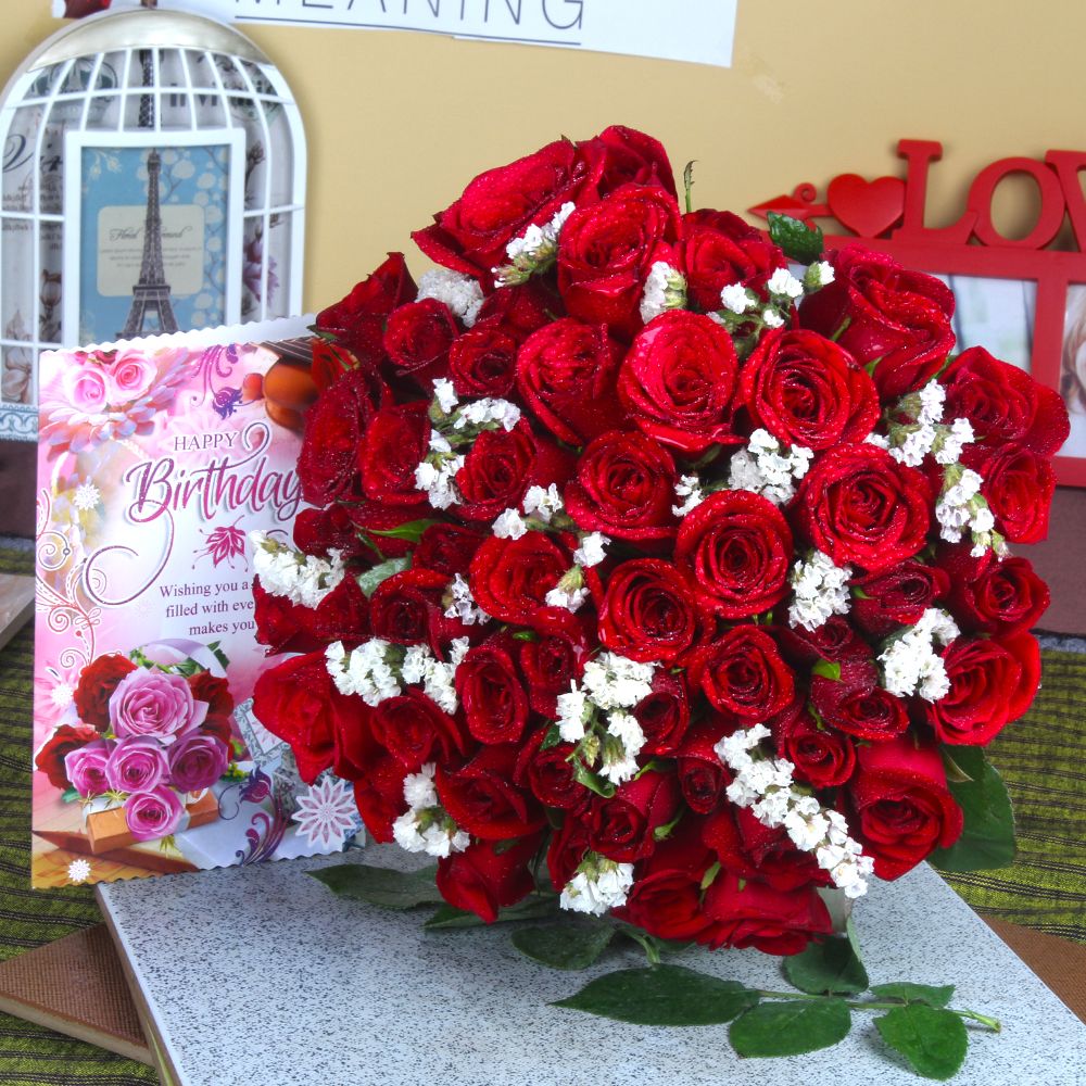 Forty Red Roses Bunch with Birthday Greeting Card