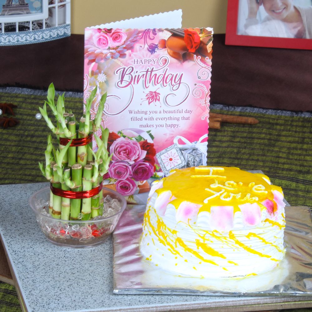 Pineapple Cake with Good Luck Plant and Greeting Card for Your Birthday