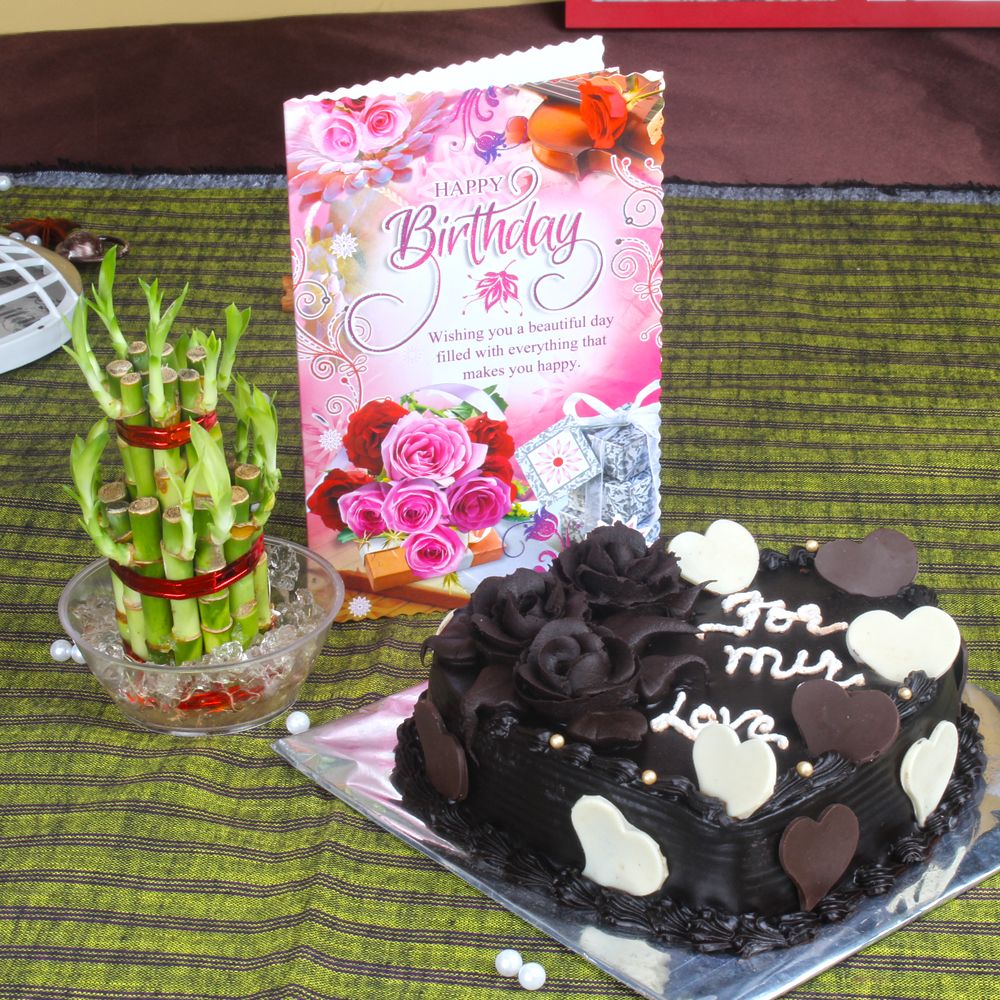 Heart Shaped Cake and Good Luck Plant with Birthday Greeting Card