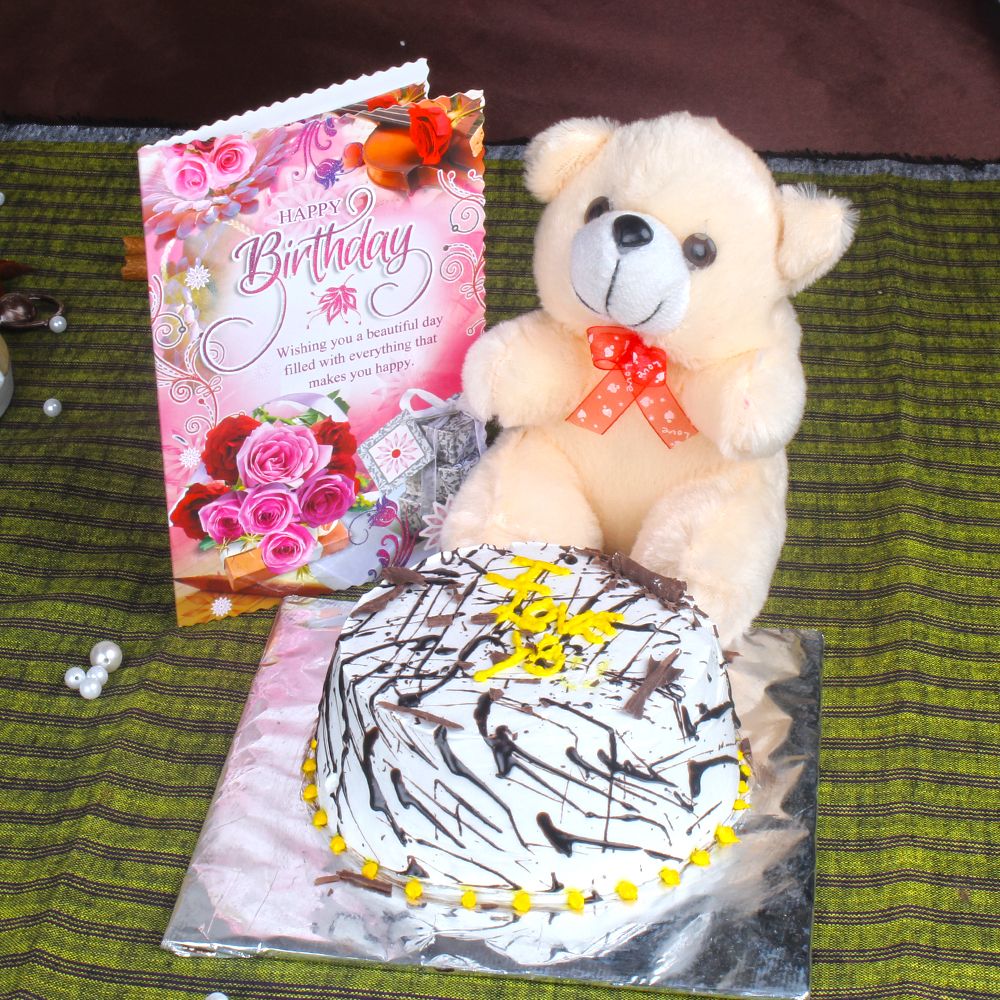 Eggless Vanilla Cake and Teddy with Birthday Greeting Card