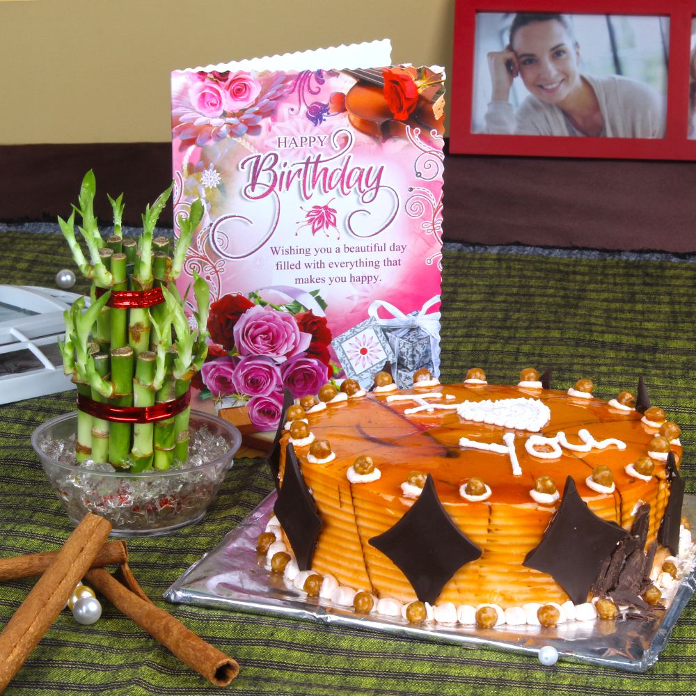 Eggless Butterscotch Cake and Good Luck Plant with Birthday Greeting Card