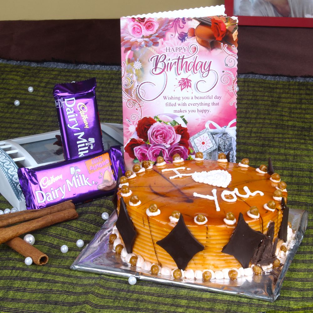 Eggless Butterscotch Cake and Chocolates with Birthday Greeting Card