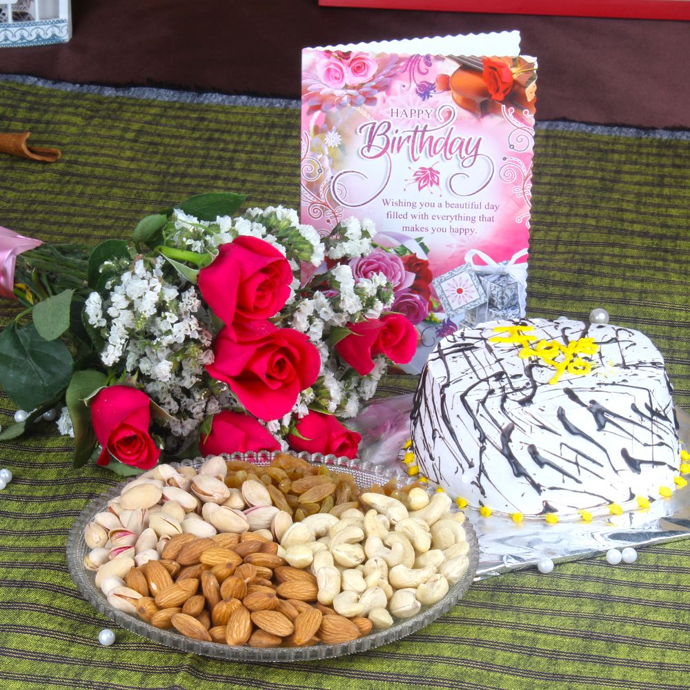 Pink Roses and Vanilla Cake with Assorted Dryfruit Gift For Surprise Birthday