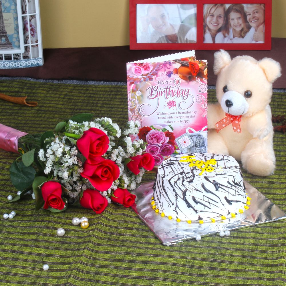 Roses and Cake Hamper Including Teddy with Birthday Card