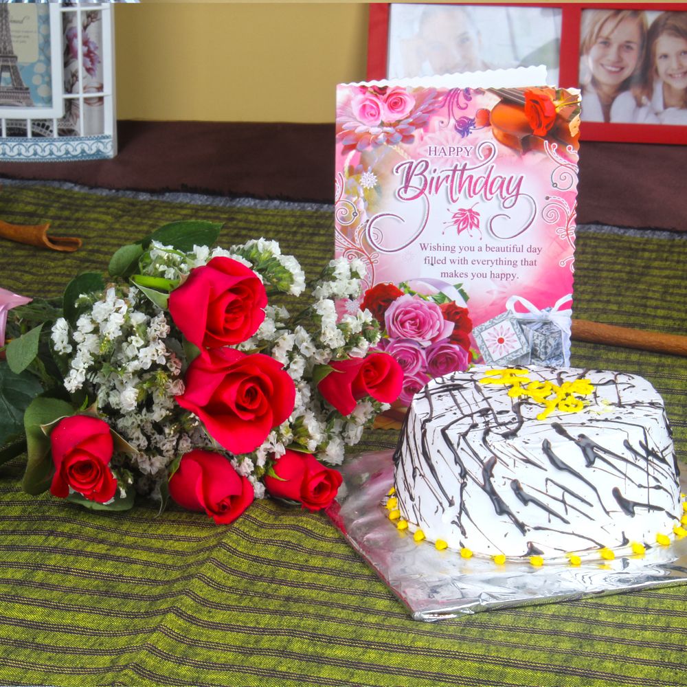 Six Red Roses and Vanilla Cake with Birthday Card