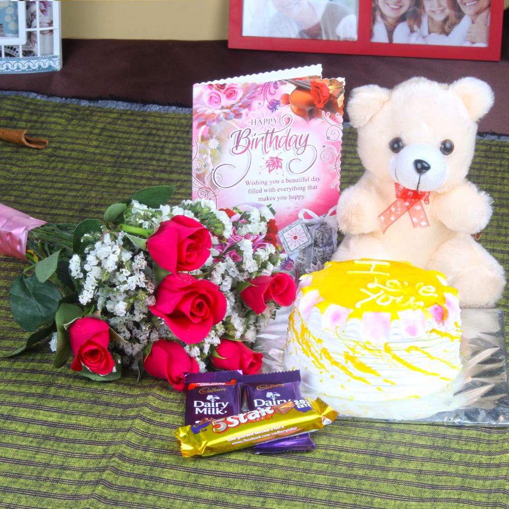 Roses and Chocolate Birthday Hamper Including Cake with Teddy