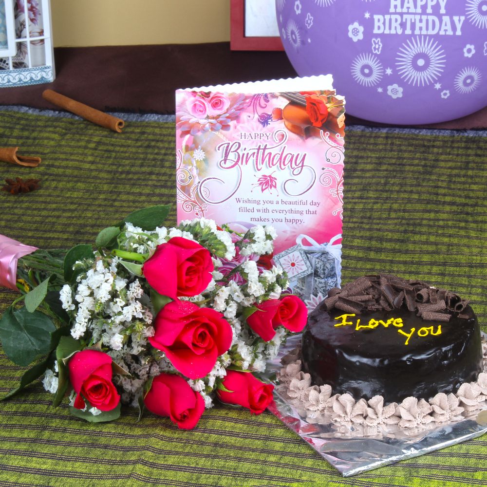 Six Roses Bunch and Chocolate Cake with Birthday Greeting Card