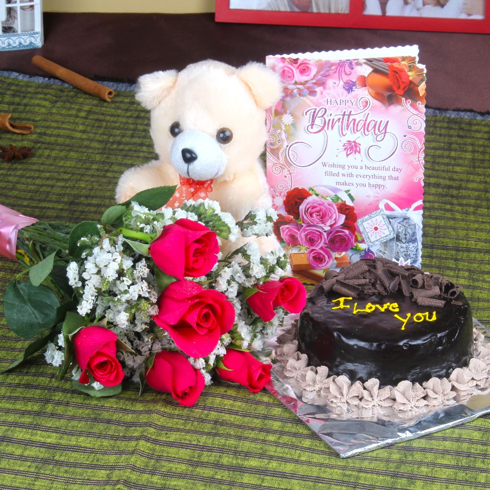 Roses and Chocolate Cake Hamper Including Teddy Bear with Birthday Greeting Card
