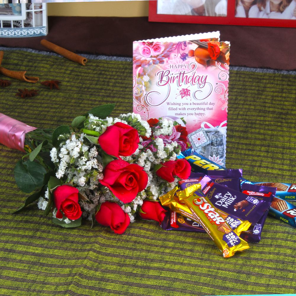 Red Roses with Assorted Chocolates and Birthday Card