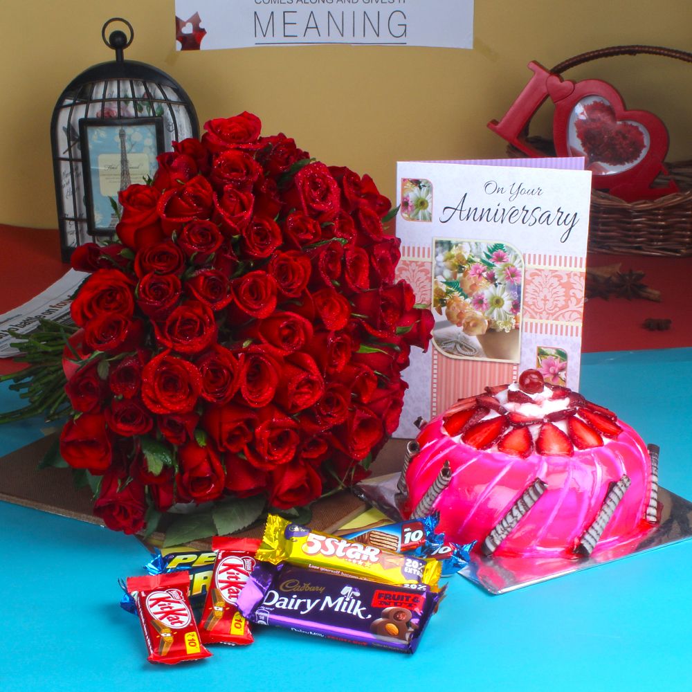 Anniversary Strawberry Cake with Roses Bunch and Assorted Chocolates