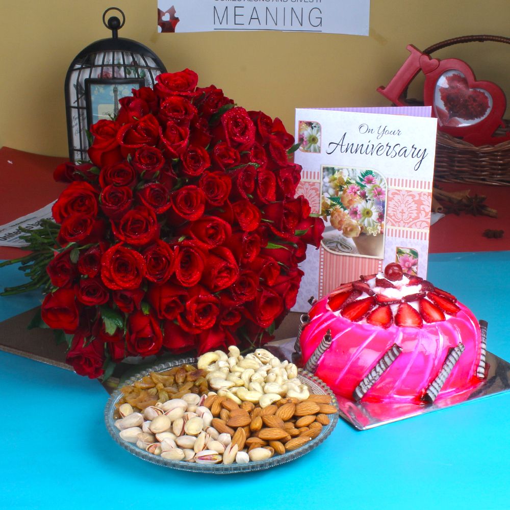 Anniversary Red Roses with Half Kg Strawberry Cake and Assorted Dry fruit