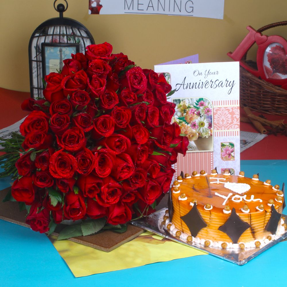 Anniversary Half Kg Butterscotch Cake with Greeting Card and Red Roses
