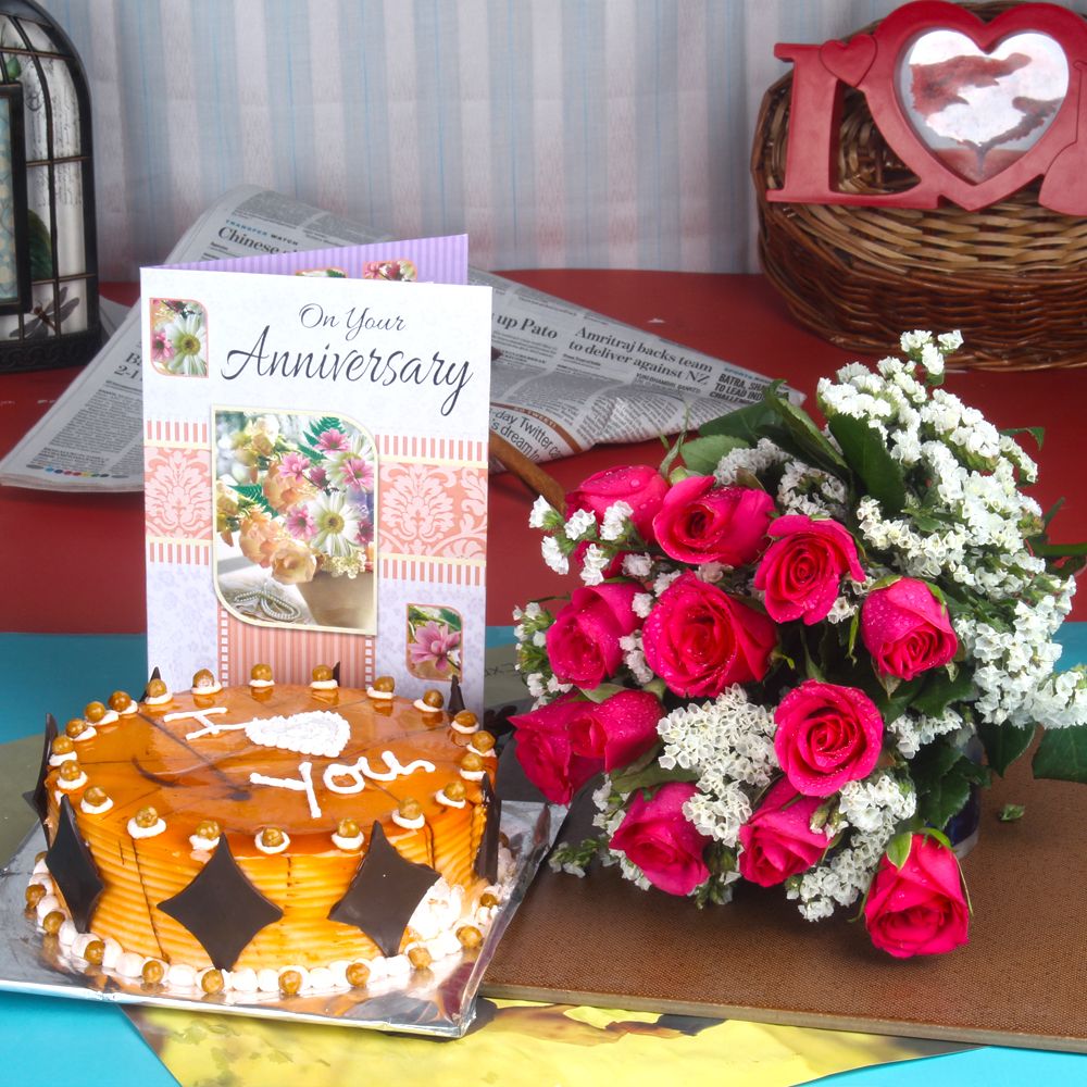 Anniversary Butterscotch Cake with Greeting card and Fresh Roses