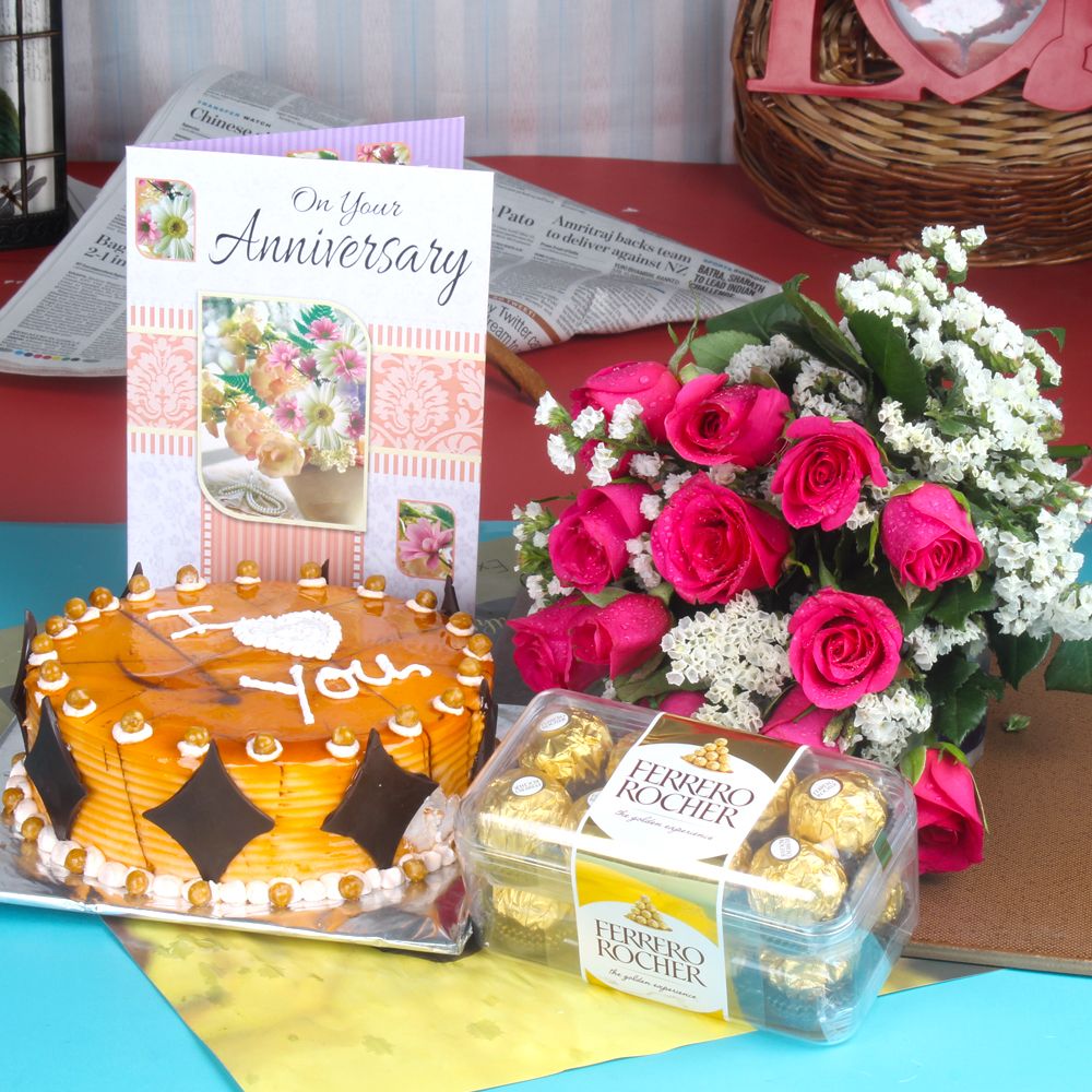 Anniversary Ferrero Rocher Chocolates with Butterscotch Cake and Fresh Red Roses