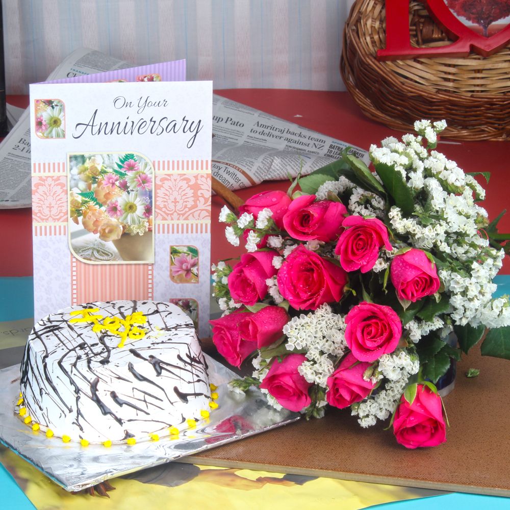 Anniversary Vanilla Cake with Greeting Card and Twelve Red Roses Bouquet