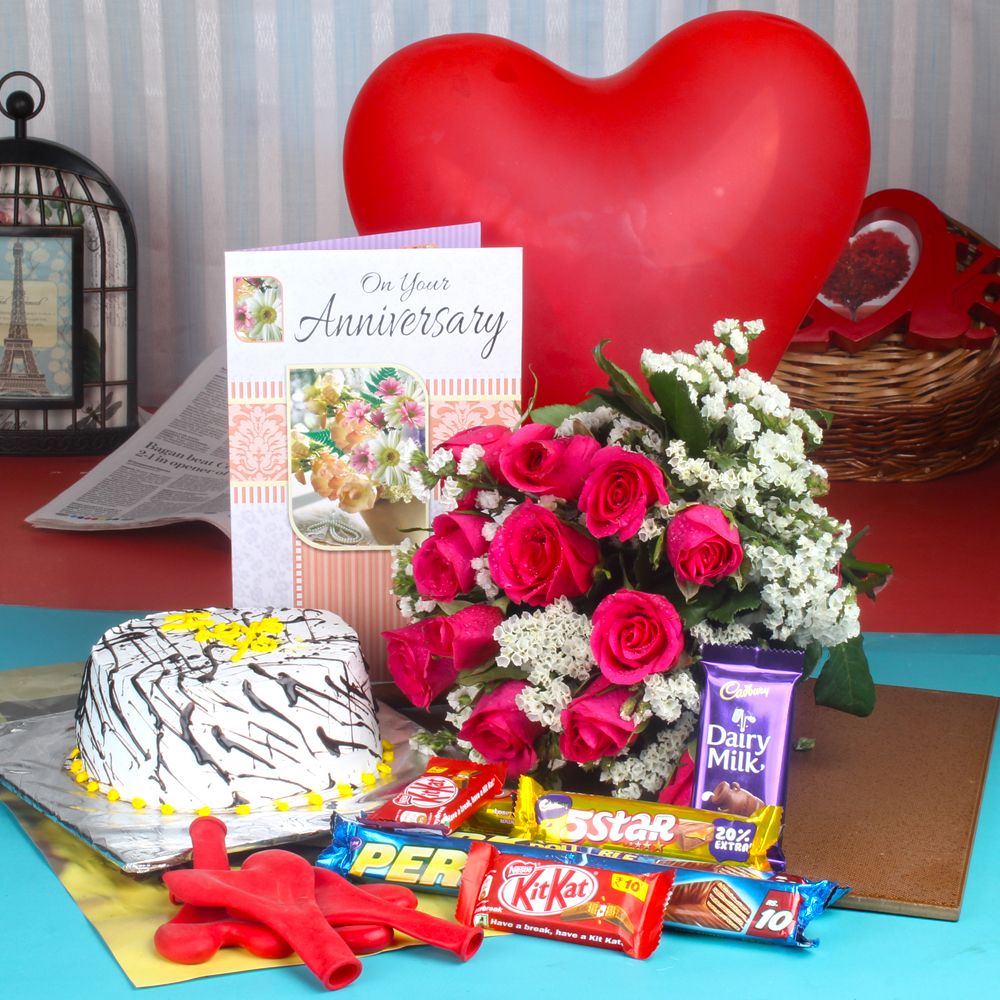 Anniversary Vanilla Cake along Red Roses Bouquet with Balloons and Assorted Chocolates