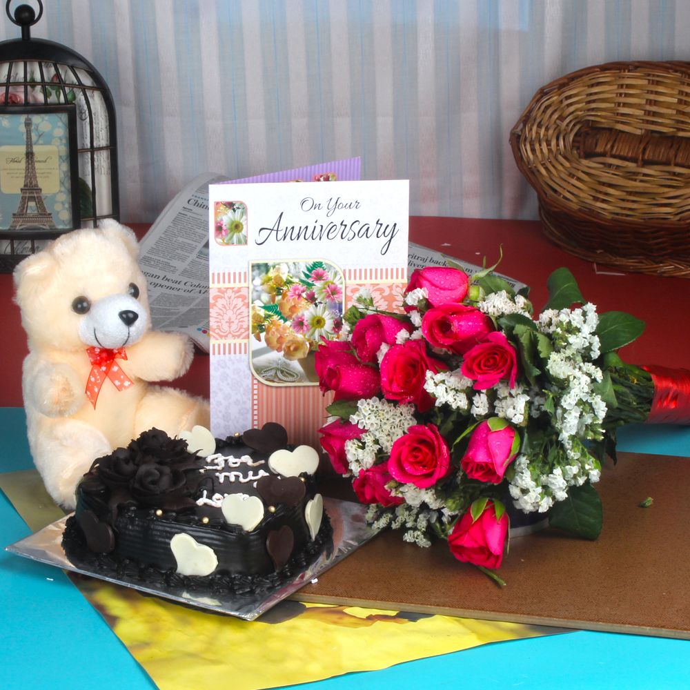 Anniversary Roses Bouquet and Chocolate Cake with Teddy Bear