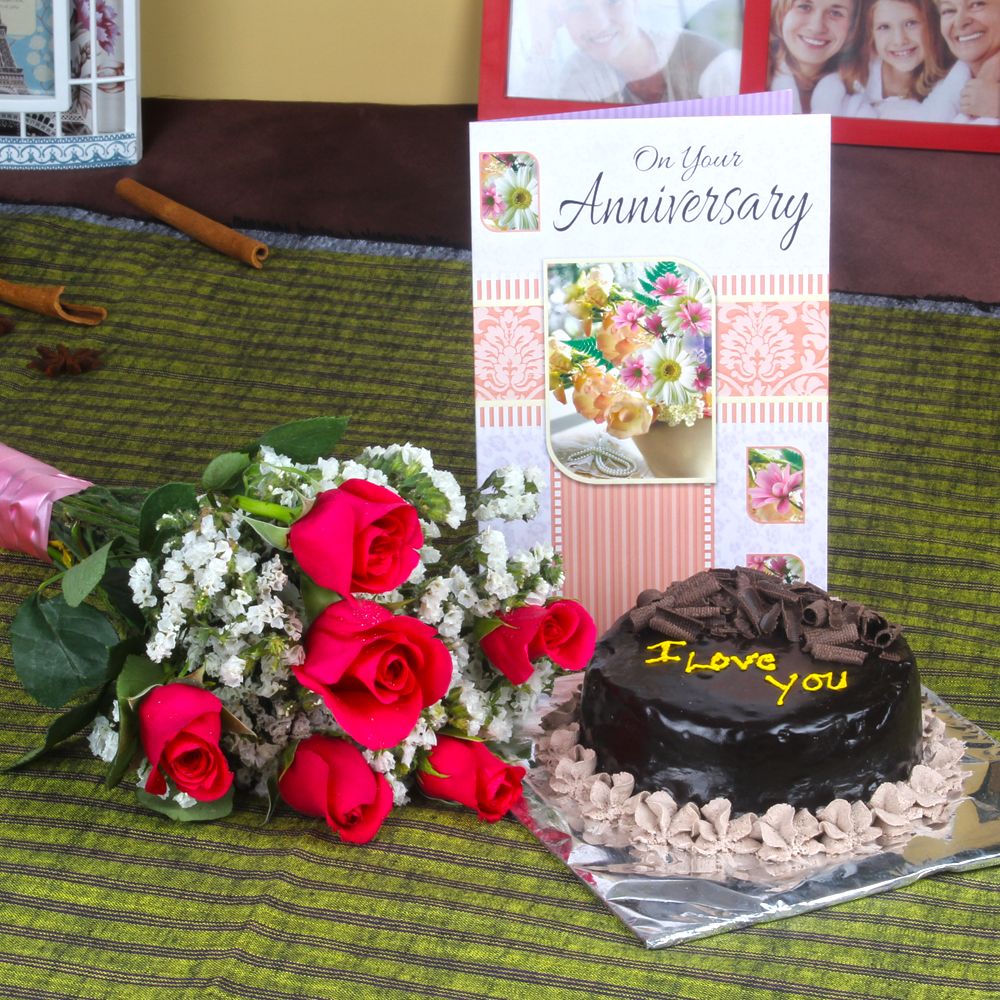 Anniversary Eggless Chocolate Cake with Six Fresh Red Roses and Greeting Card
