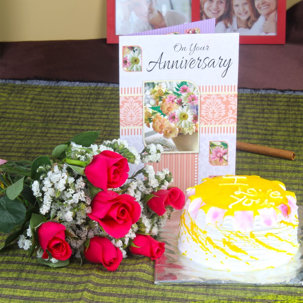 Anniversary Red Roses with Pineapple Cake and Wishes Card