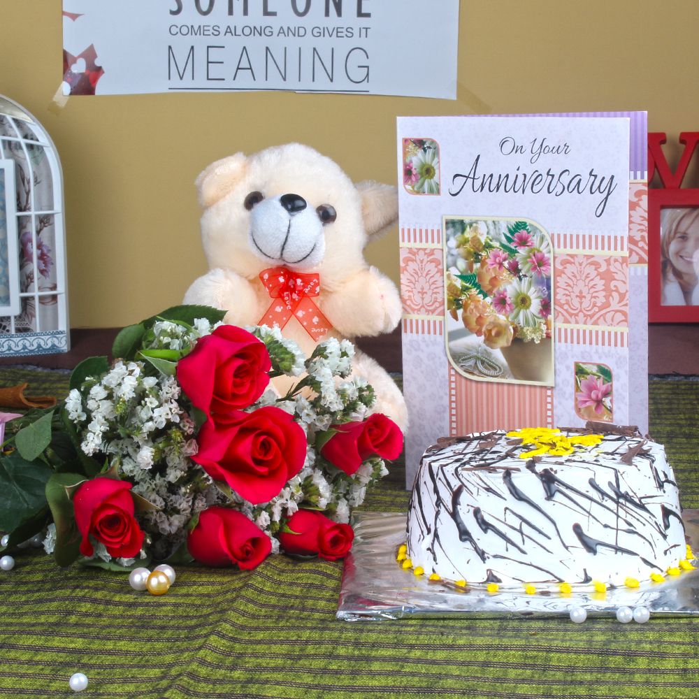 Anniversary Six Roses with Vanilla Cake and Teddy Bear