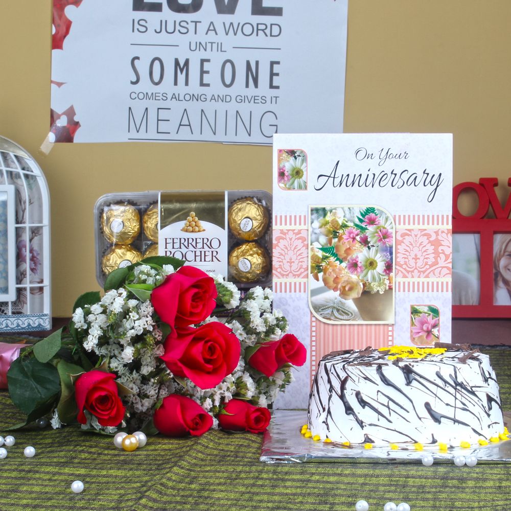Roses with Anniversary Vanilla Cake and Ferrero Rocher Chocolates