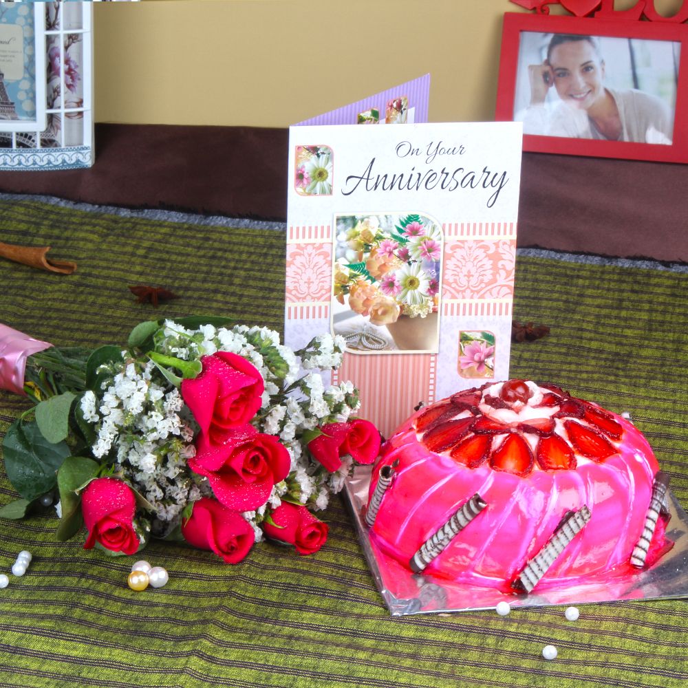 Roses with Strawberry Cake and Anniversary Card