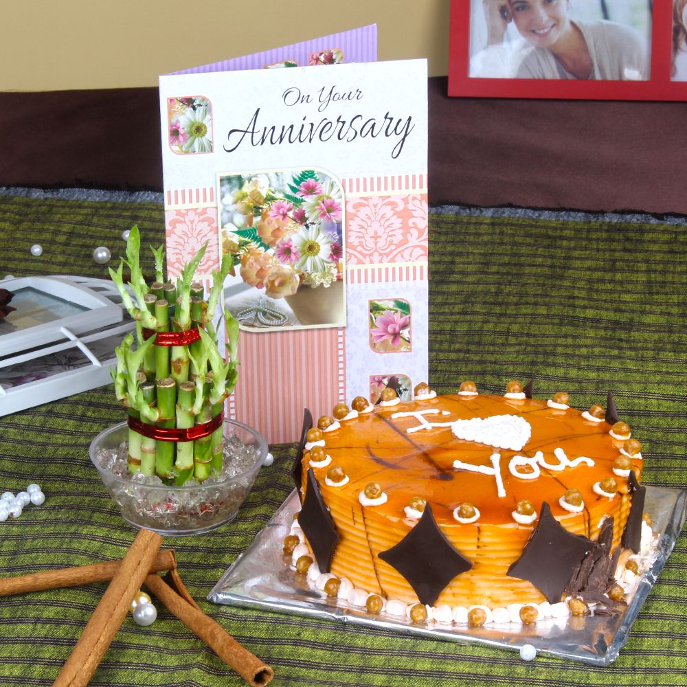 Eggless Butterscotch Cake with Good Luck Plant and Anniversary Card