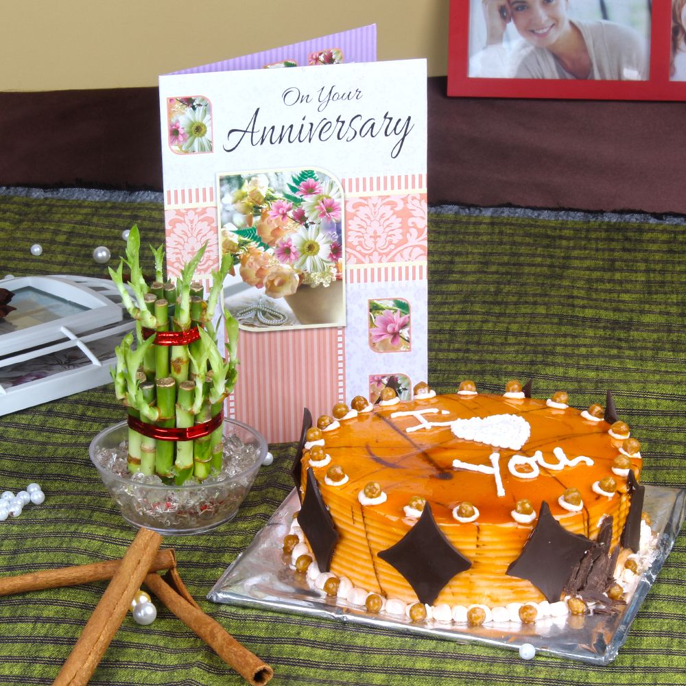 Eggless Butterscotch Cake with Good Luck Plant and Anniversary Card