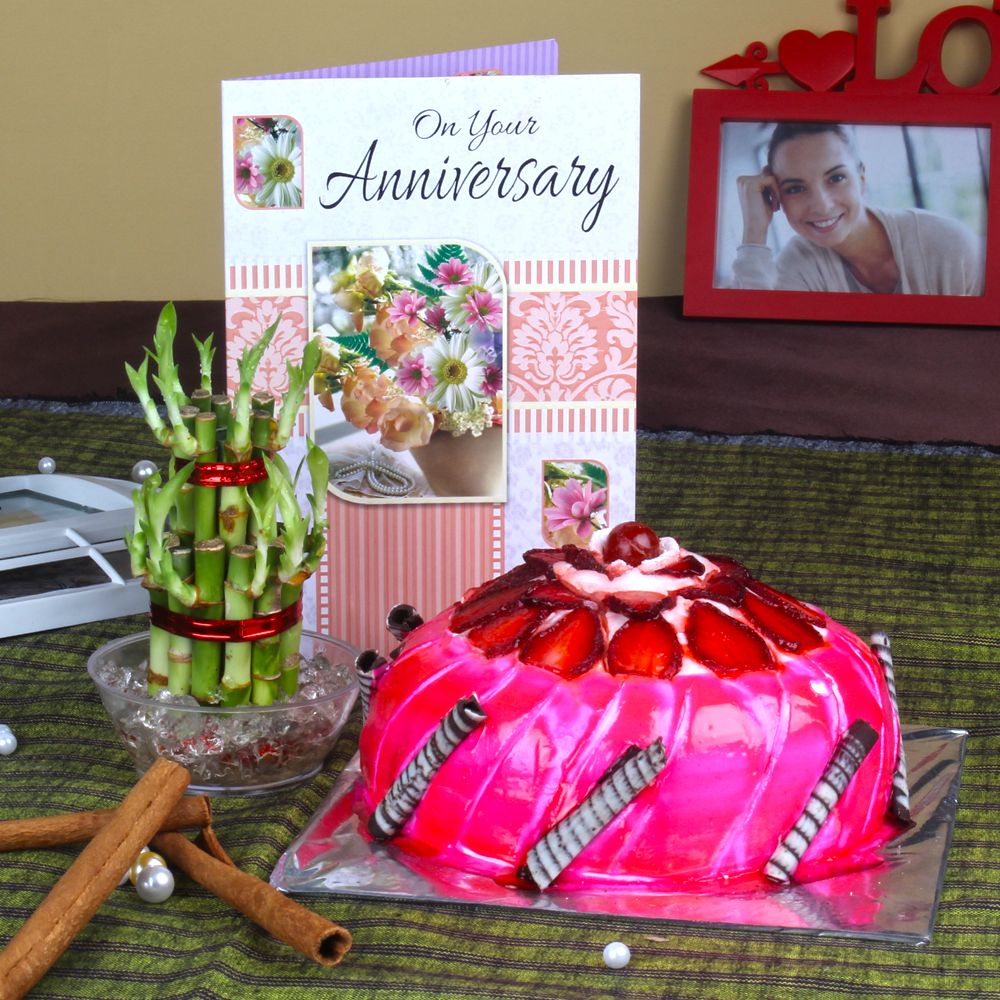 Anniversary Card with Strawberry Cake and Good Luck Plant