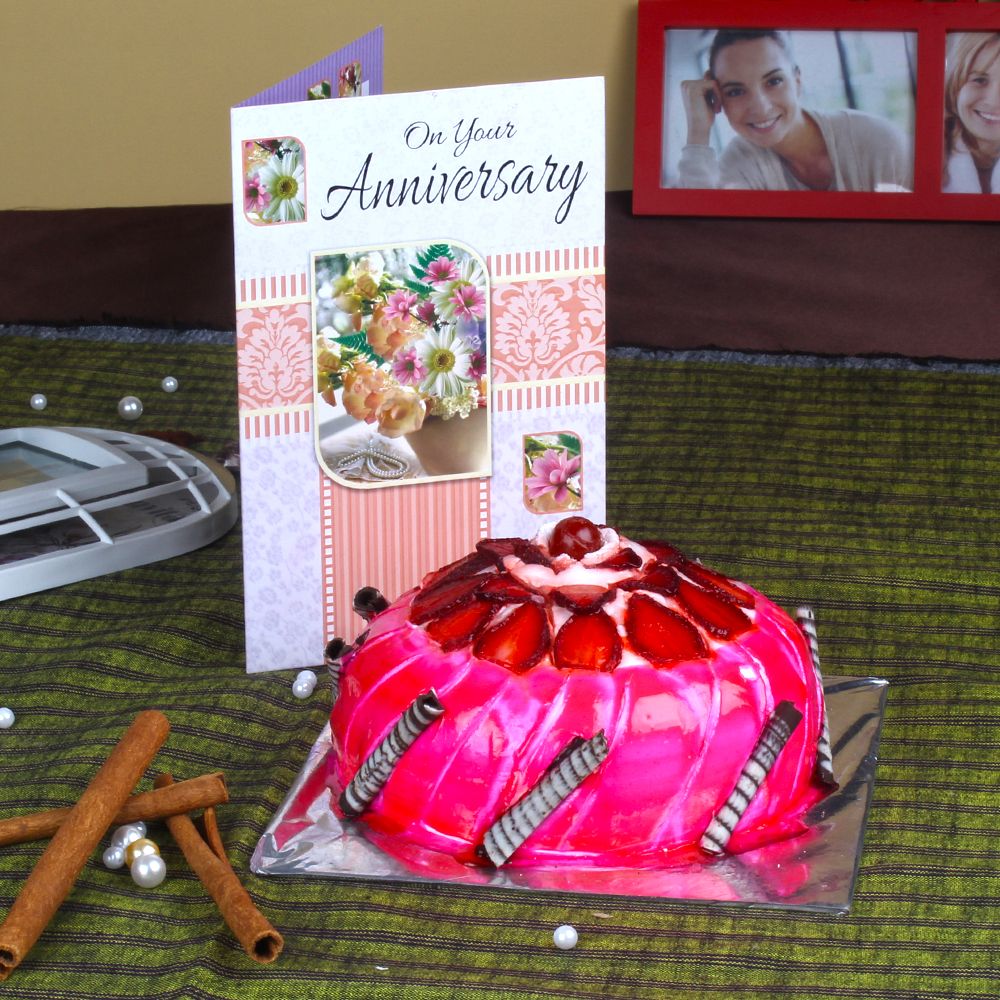 Eggless Strawberry Cake with Anniversary Greeting Card