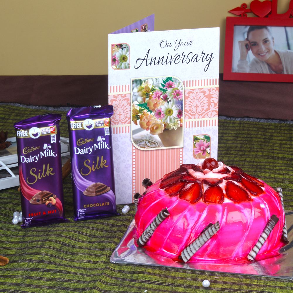 Anniversary Strawberry Cake with Silk Chocolates and Greeting Card
