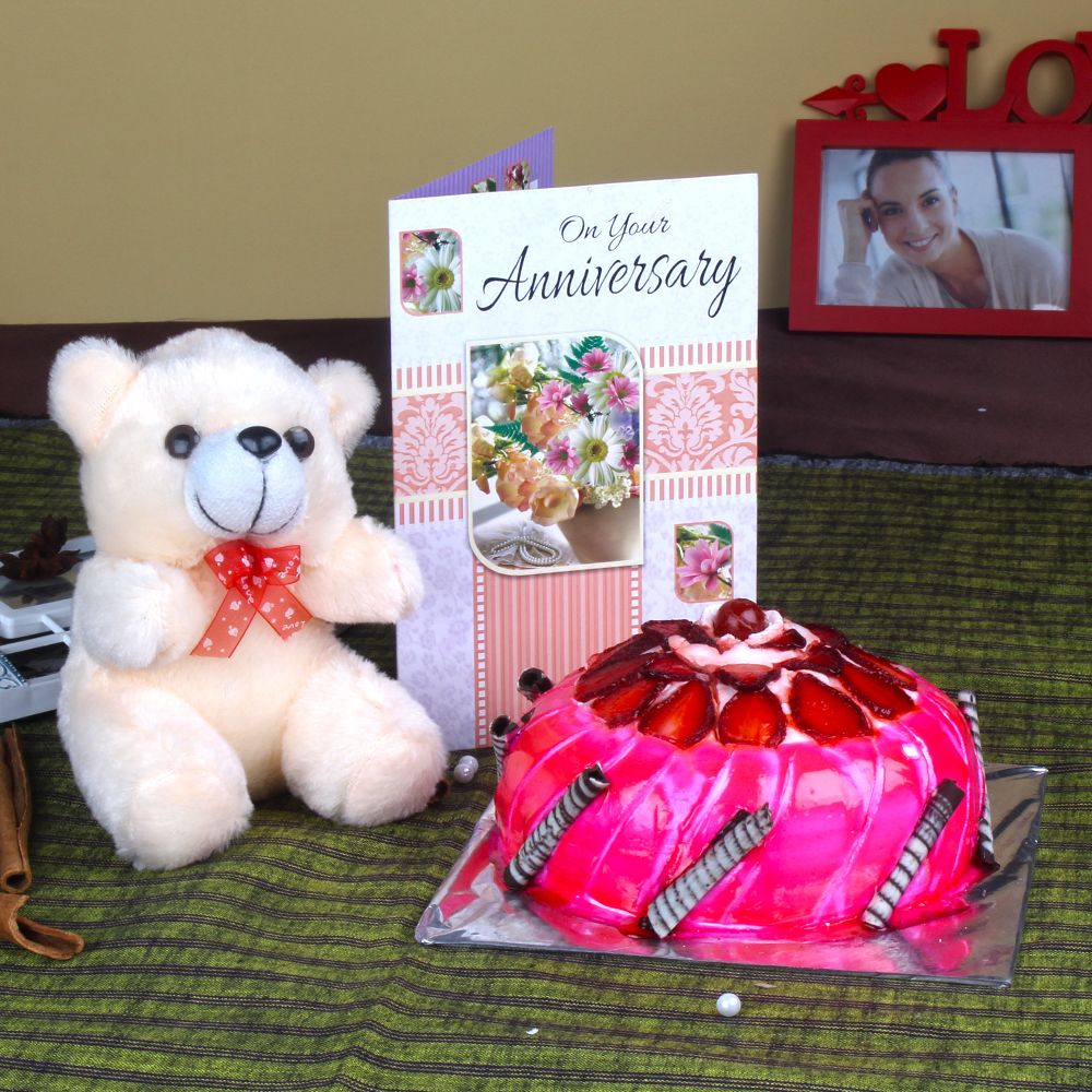Anniversary Eggless Strawberry Cake with Teddy and Greeting Card