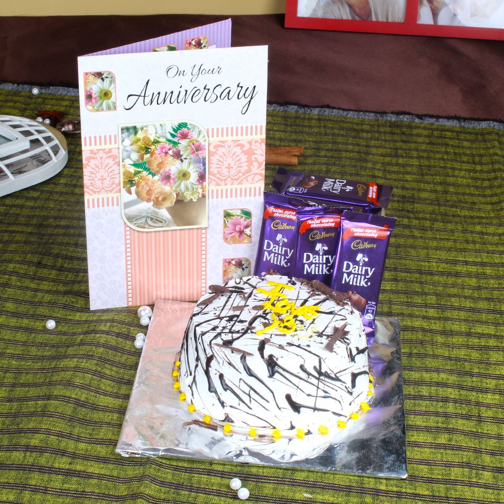 Anniversary Vanilla Cake with Greeting Card and Dairy Milk Chocolates