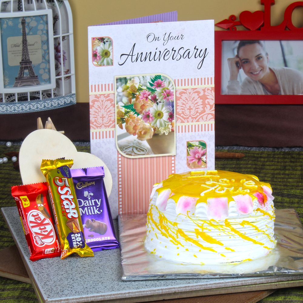 Anniversary Pineapple Cake with Assorted Chocolate and Greeting Card