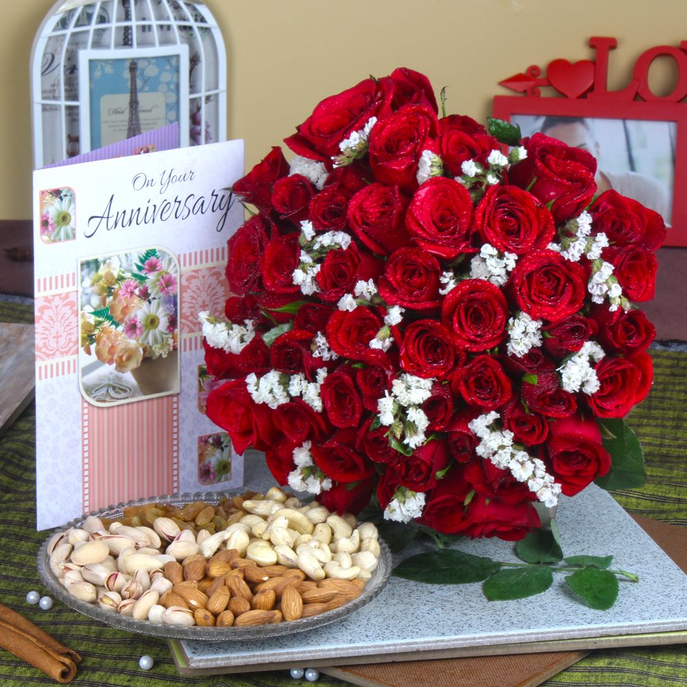 Dry Fruit and Fifty Red Rose Hand Bunch with Anniversary Greeting Card